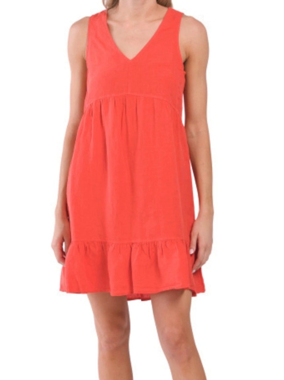 Cynthia Rowley Coral 100% Linen V-Neck Ruffle-Hem Sundress